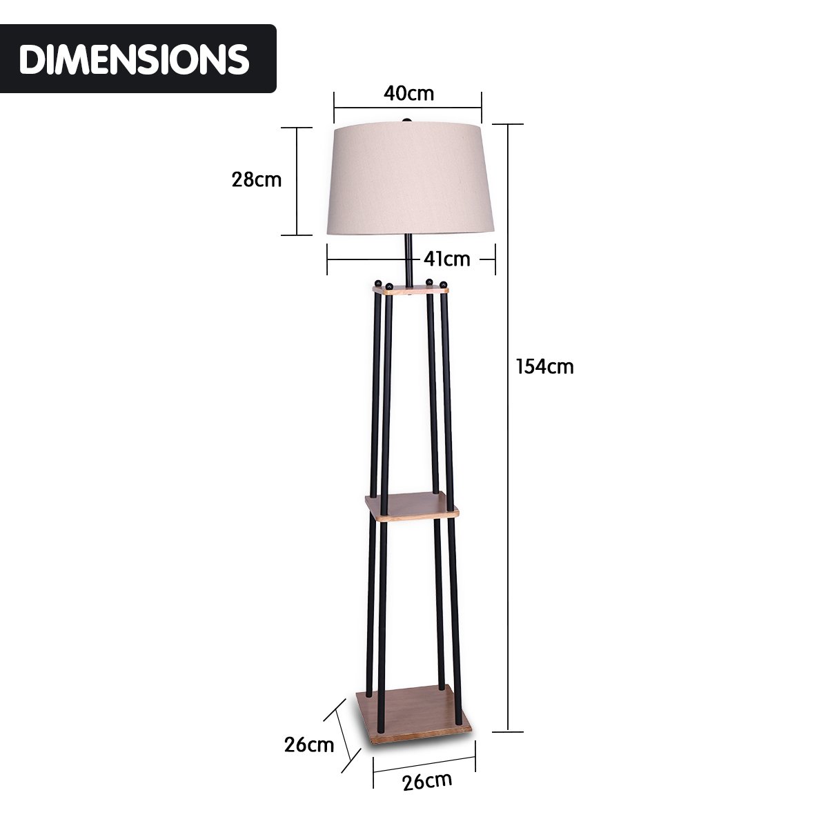 3-Tier Shelf Metal Floor Lamp, Cream Shade, Sarantino