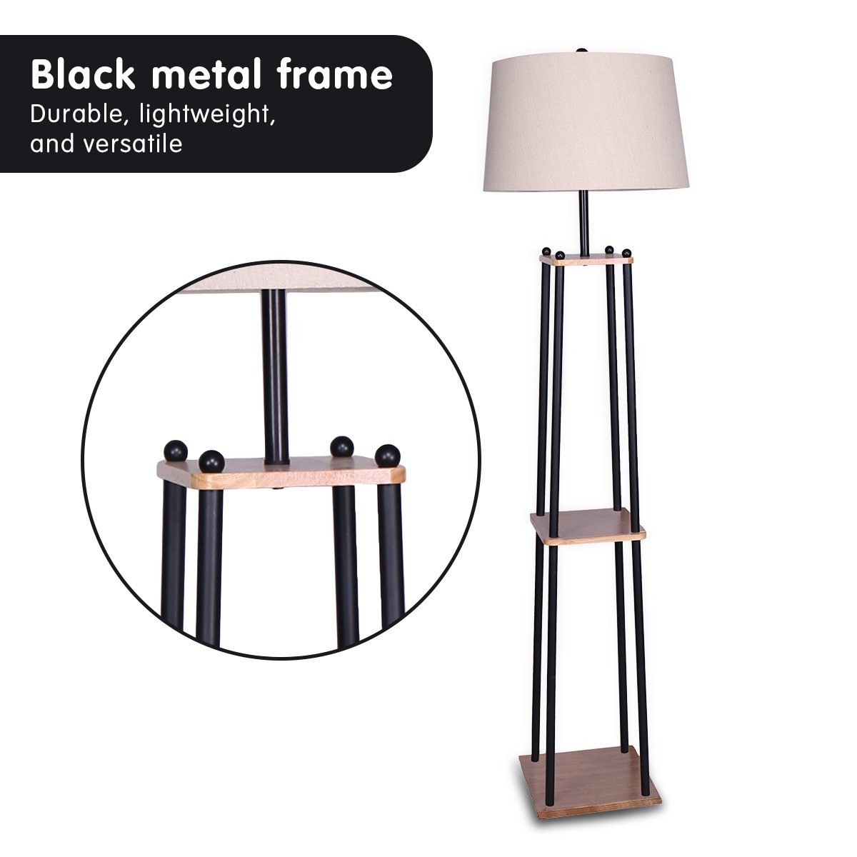 3-Tier Shelf Metal Floor Lamp, Cream Shade, Sarantino