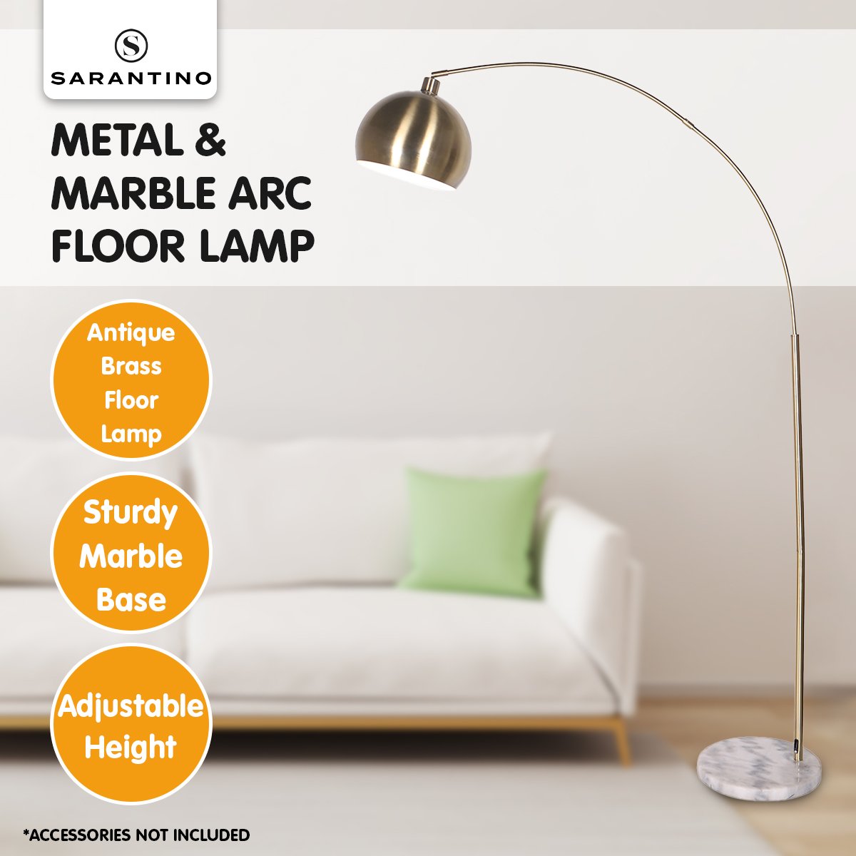 Adjustable Arc Floor Lamp, Brass Finish, Marble Base