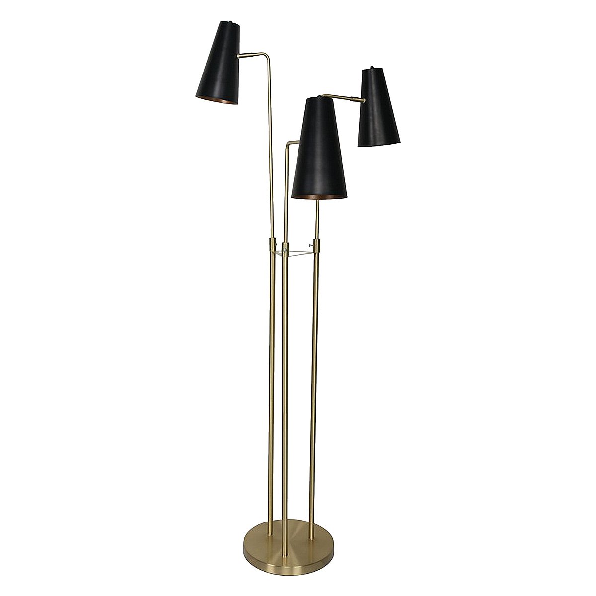 Trio Brass Pole Floor Lamp with Black Shades and Foot Switch