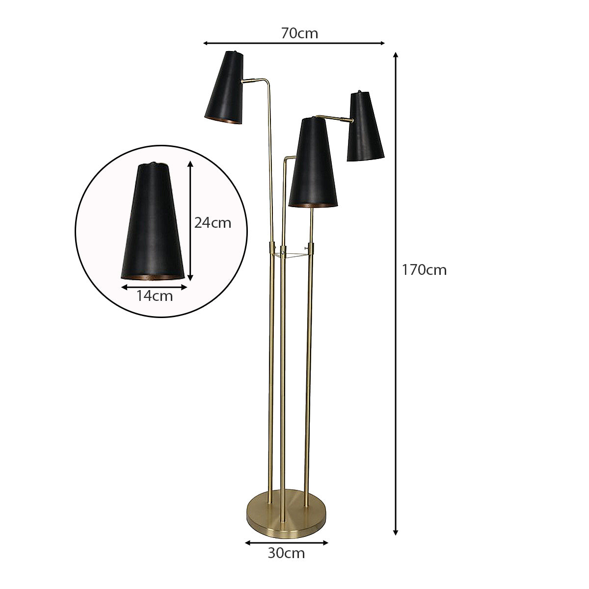 Trio Brass Pole Floor Lamp with Black Shades and Foot Switch