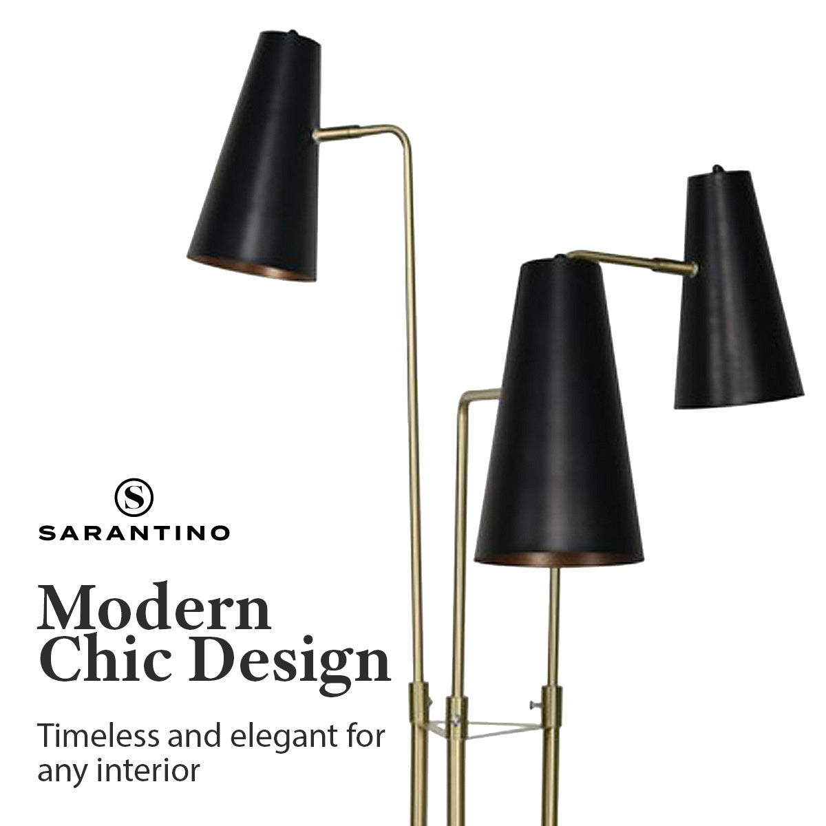 Trio Brass Pole Floor Lamp with Black Shades and Foot Switch