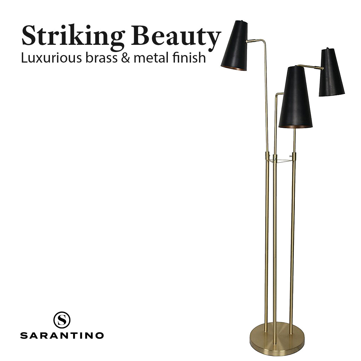 Trio Brass Pole Floor Lamp with Black Shades and Foot Switch