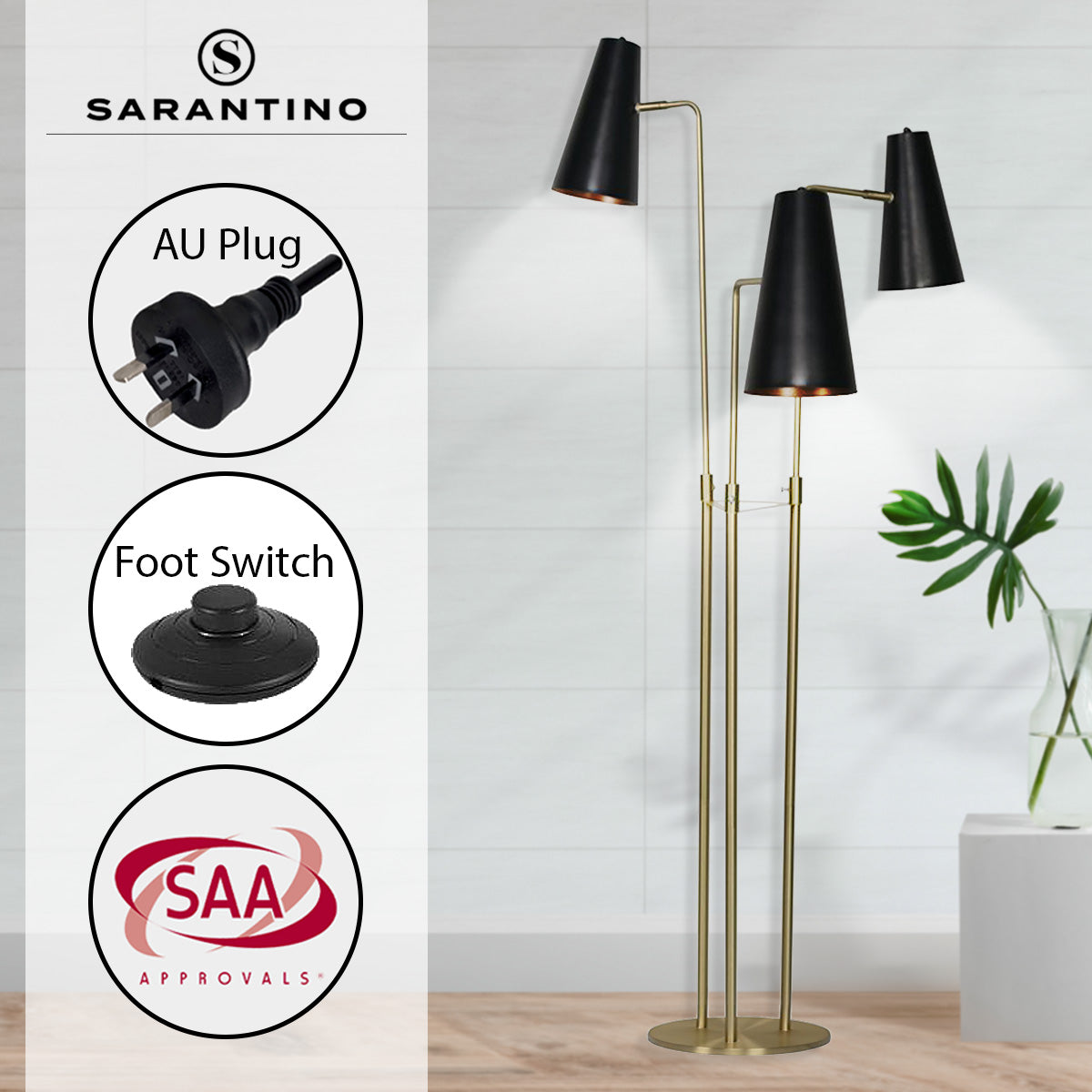 Trio Brass Pole Floor Lamp with Black Shades and Foot Switch