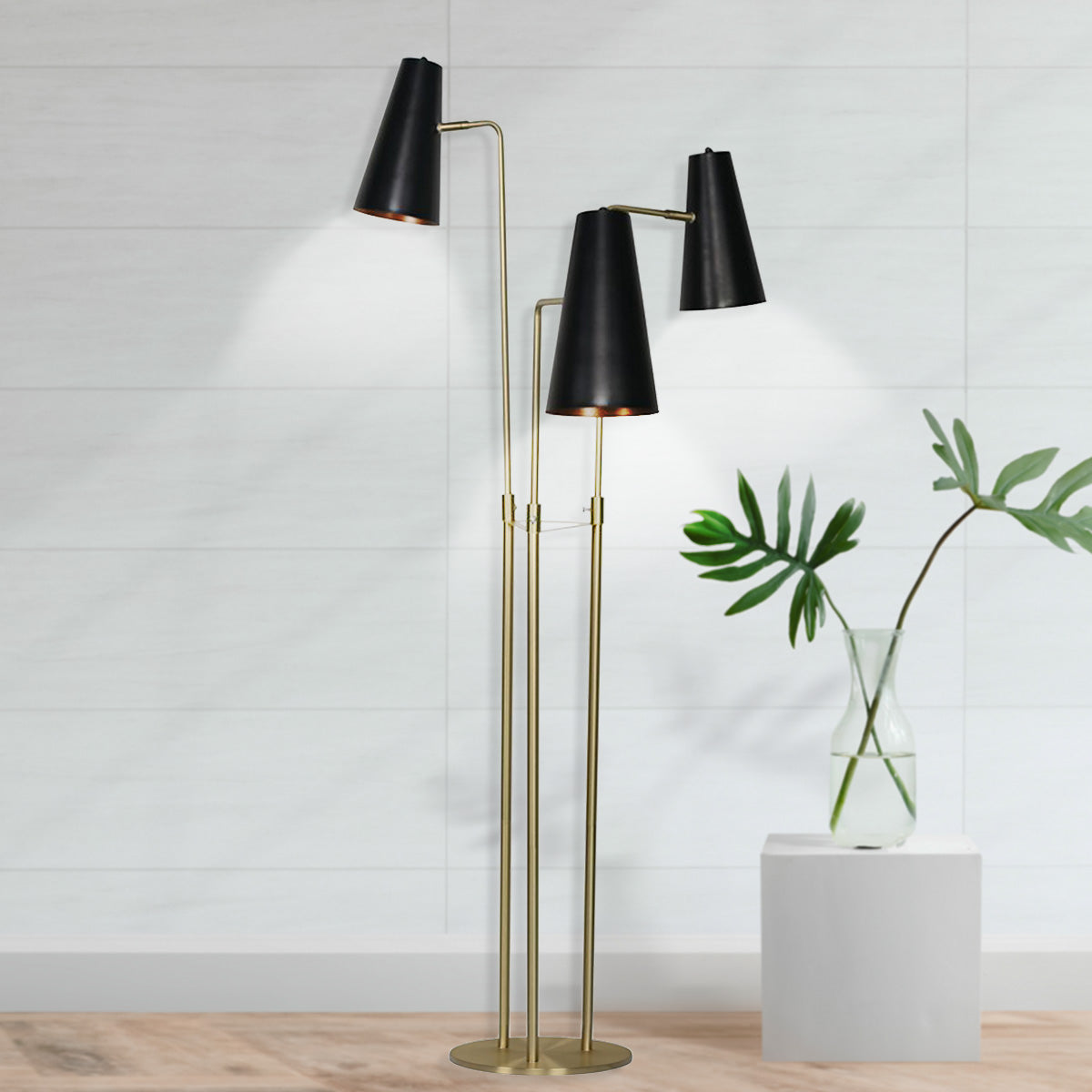 Trio Brass Pole Floor Lamp with Black Shades and Foot Switch