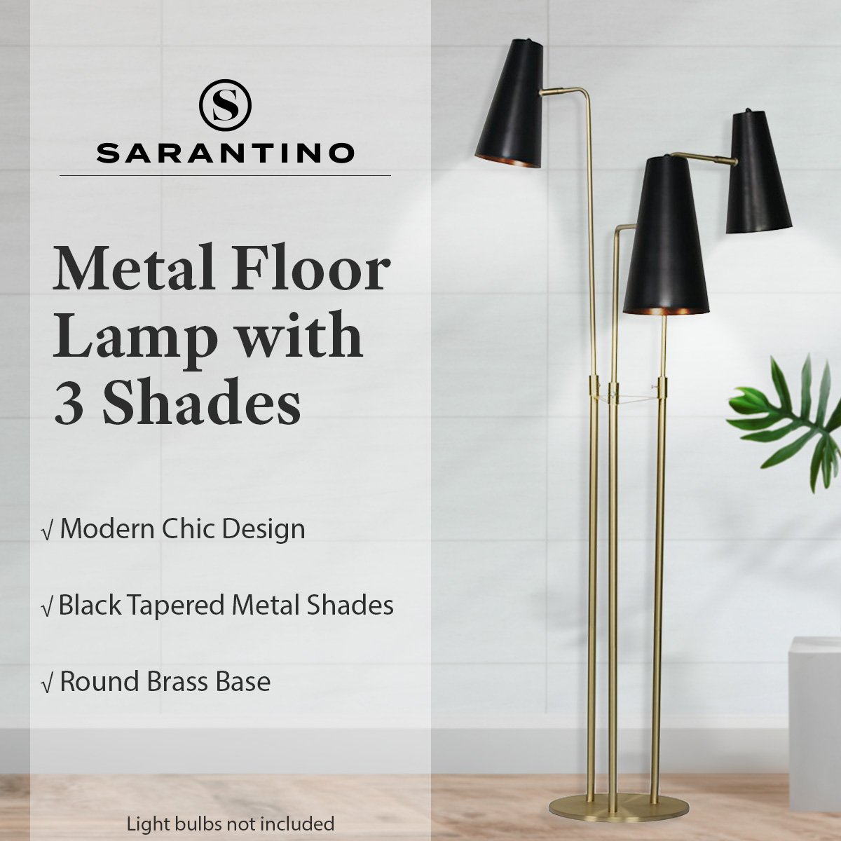 Trio Brass Pole Floor Lamp with Black Shades and Foot Switch