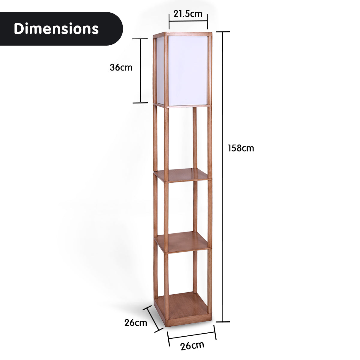 3-Shelf Oak Wood Effect Floor Lamp, Off-White Shade - Sarantino