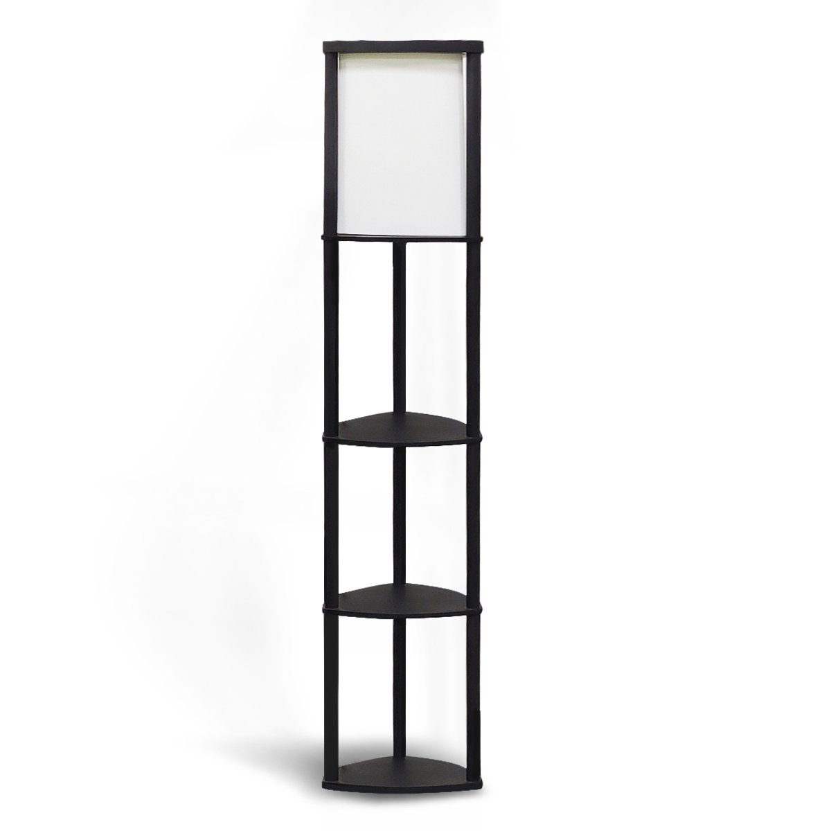 Tripod Wooden Etagere Floor Lamp 3 Shelves, Black Shade