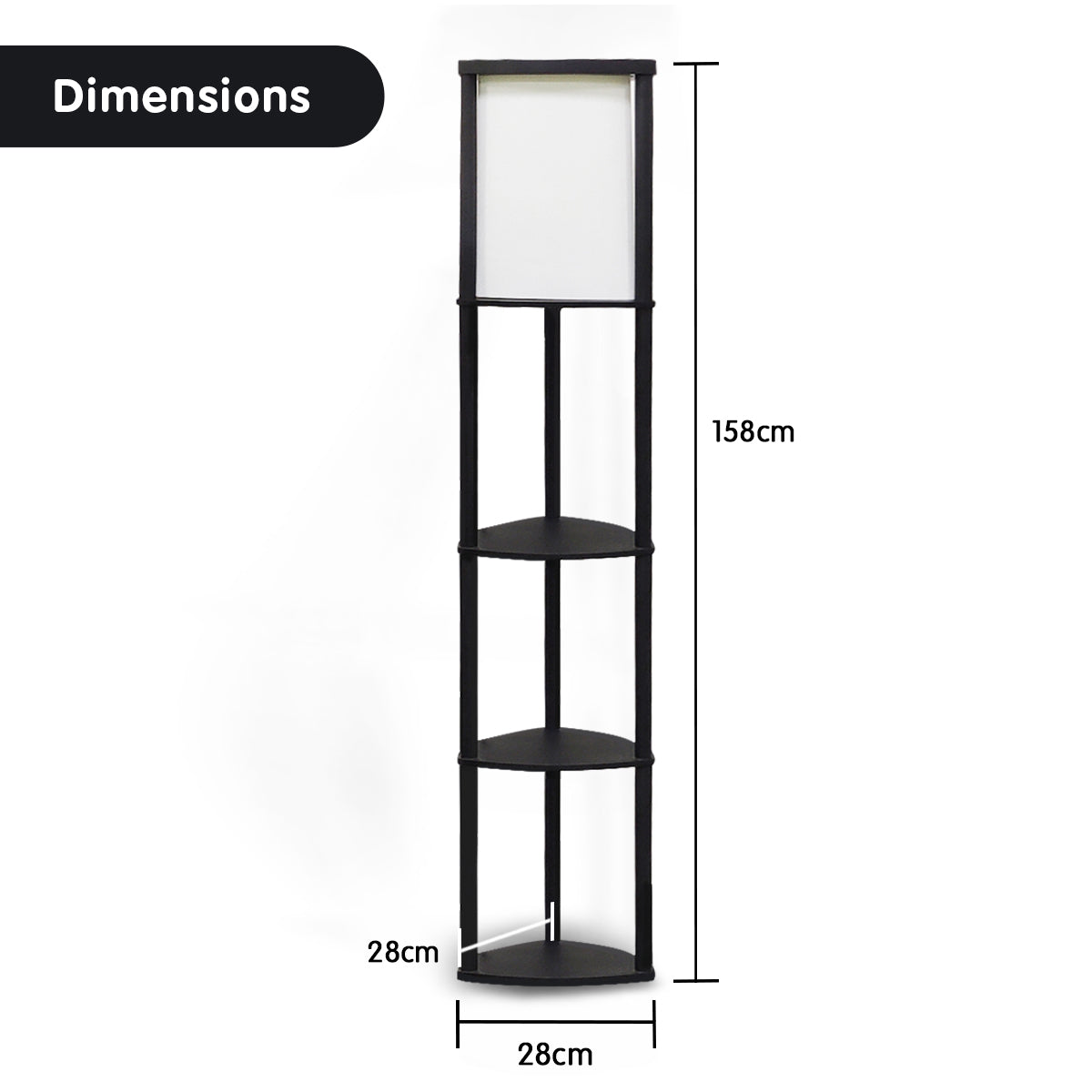 Tripod Wooden Etagere Floor Lamp 3 Shelves, Black Shade