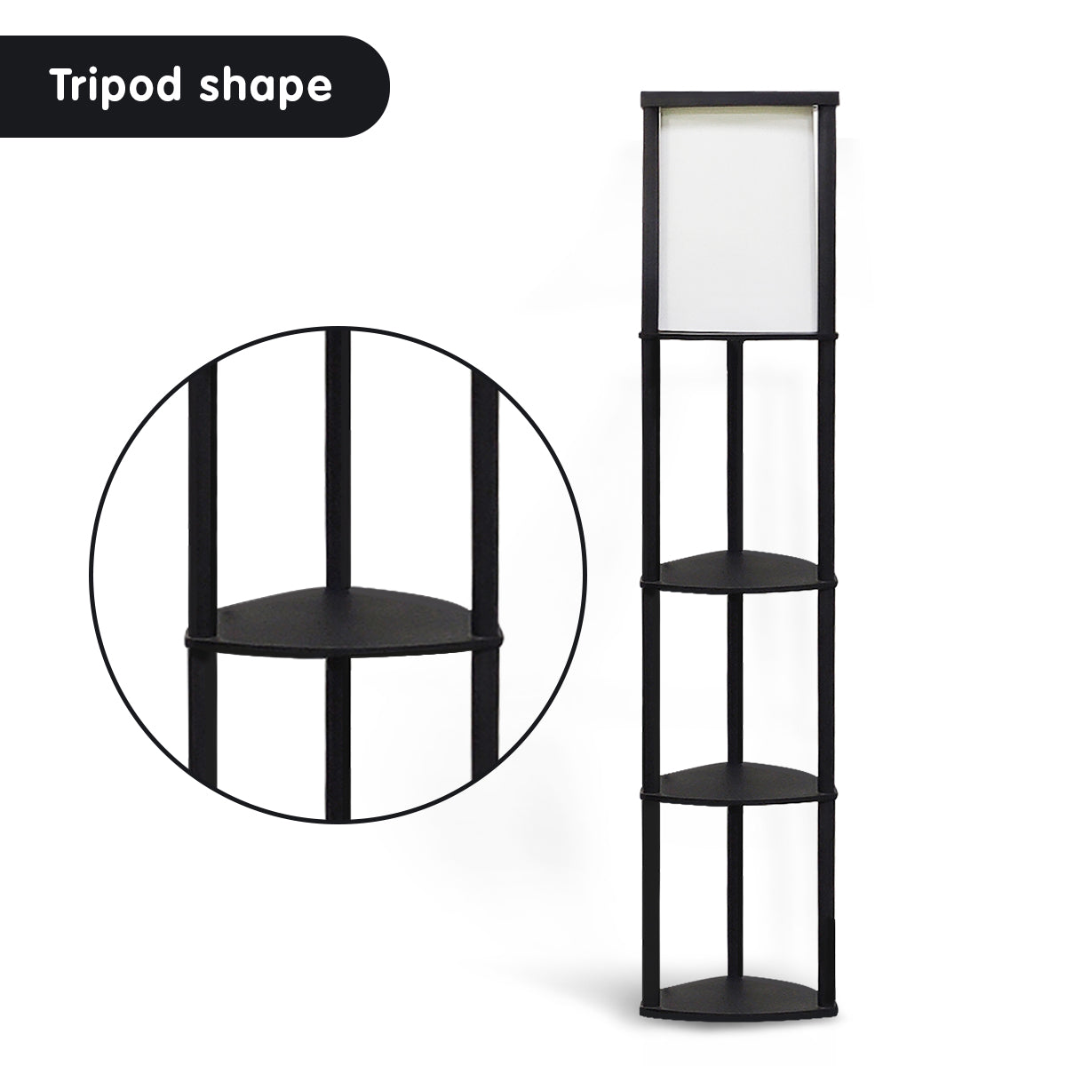 Tripod Wooden Etagere Floor Lamp 3 Shelves, Black Shade