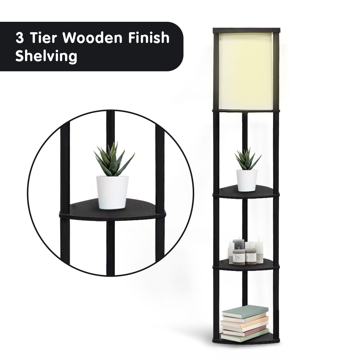 Tripod Wooden Etagere Floor Lamp 3 Shelves, Black Shade