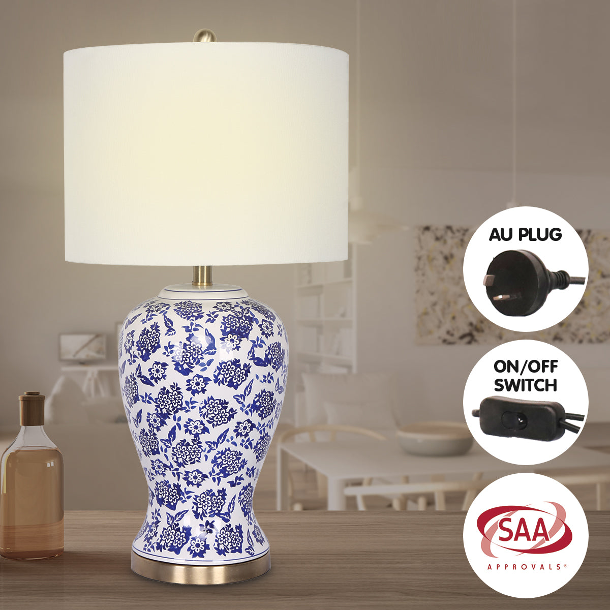 Hand-Painted Ceramic Table Lamp, Cotton Drum Shade