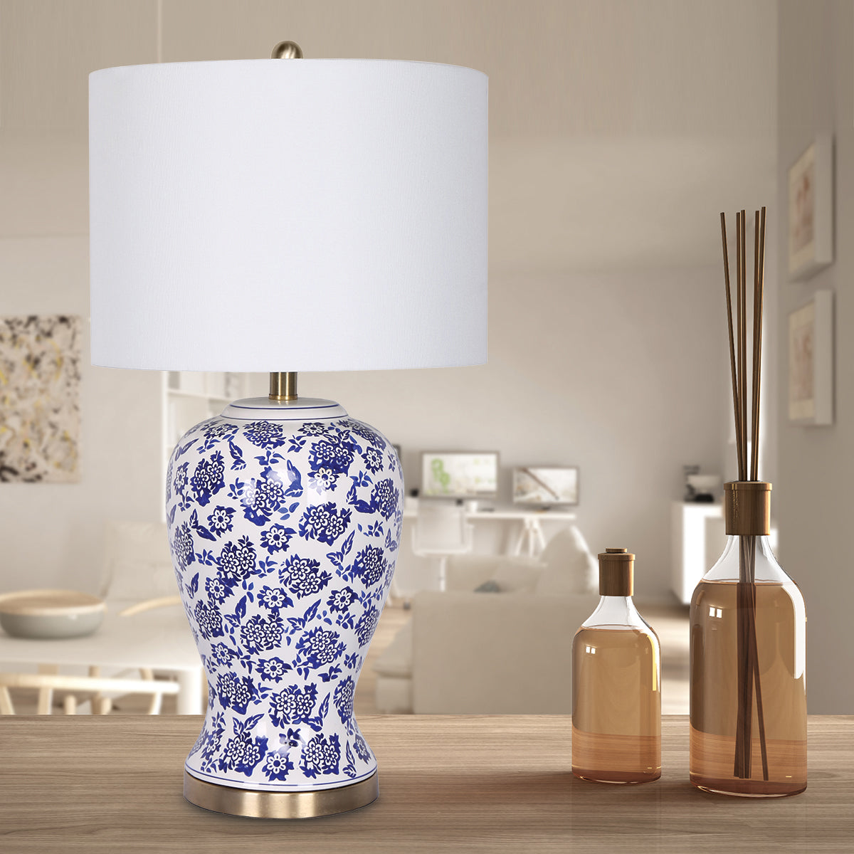 Hand-Painted Ceramic Table Lamp, Cotton Drum Shade