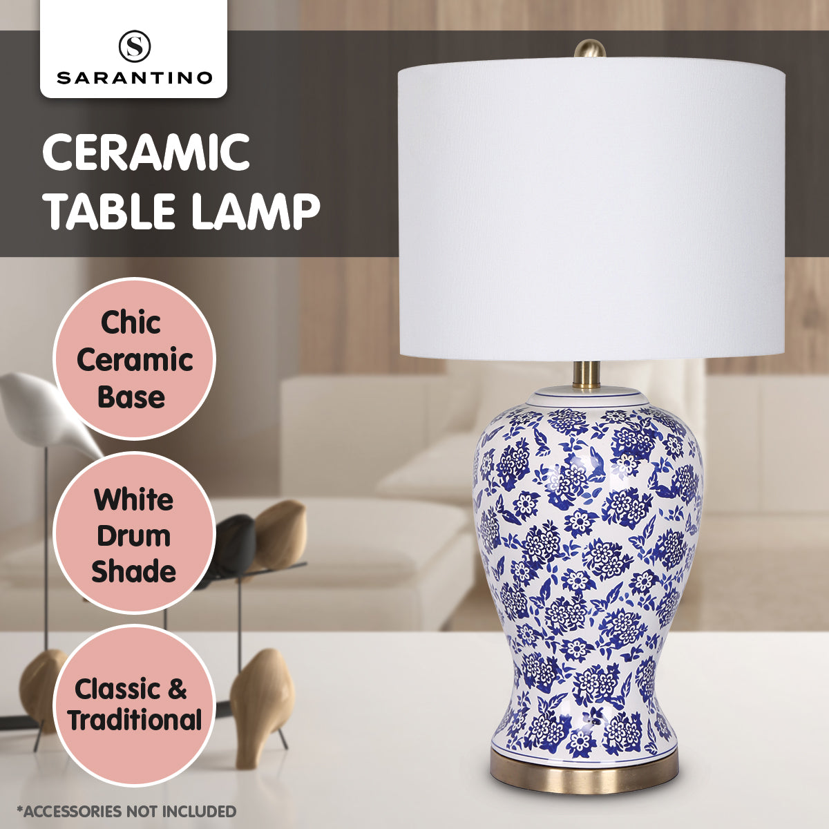 Hand-Painted Ceramic Table Lamp, Cotton Drum Shade