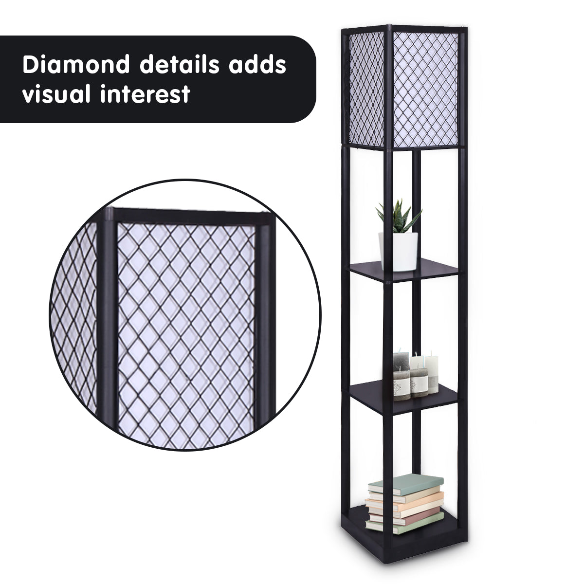 3-Tier Etagere Shelf Floor Lamp, Fabric Shade, Black