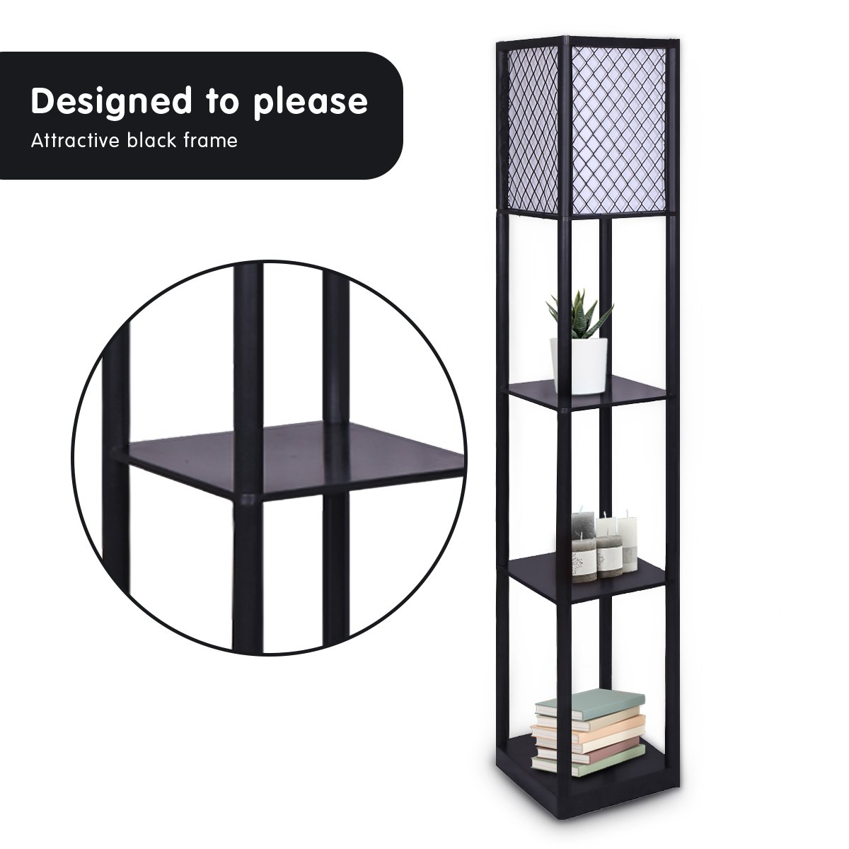 3-Tier Etagere Shelf Floor Lamp, Fabric Shade, Black