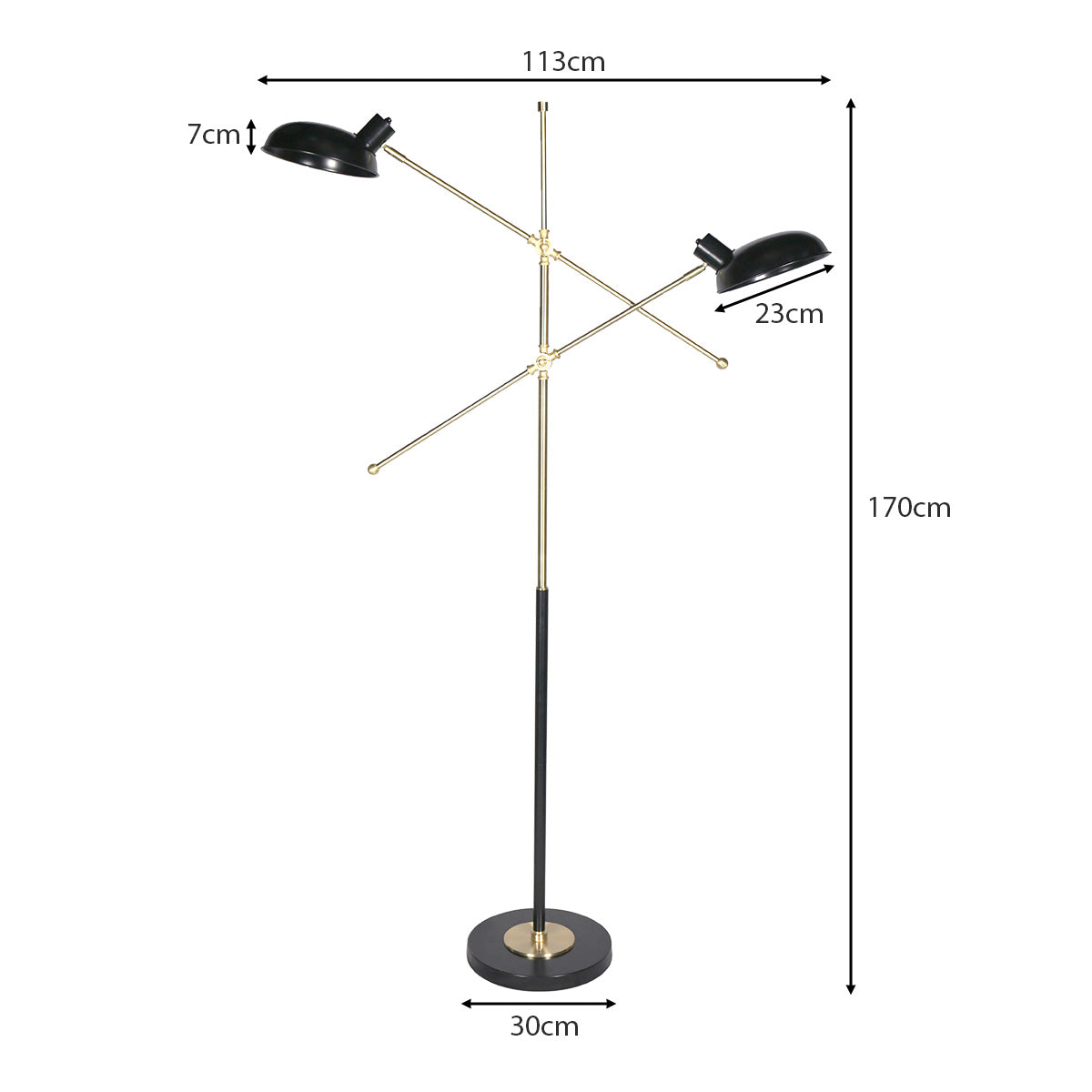 Adjustable Two-Light Industrial Floor Lamp, Black & Gold