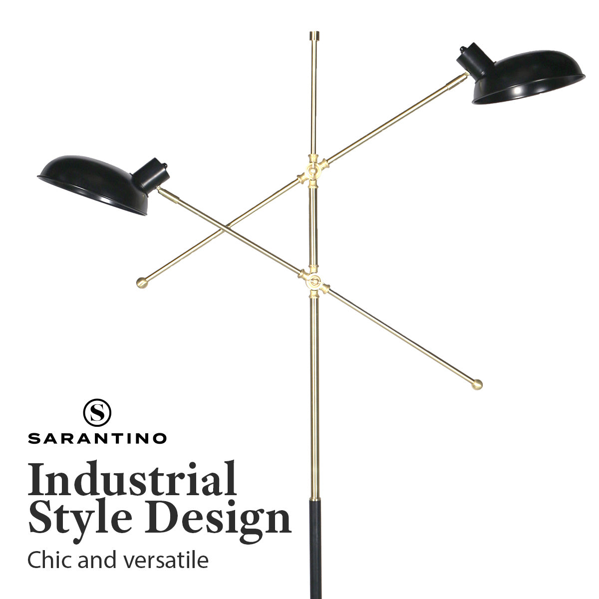 Adjustable Two-Light Industrial Floor Lamp, Black & Gold