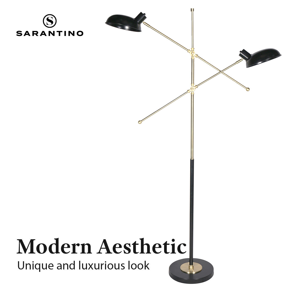 Adjustable Two-Light Industrial Floor Lamp, Black & Gold