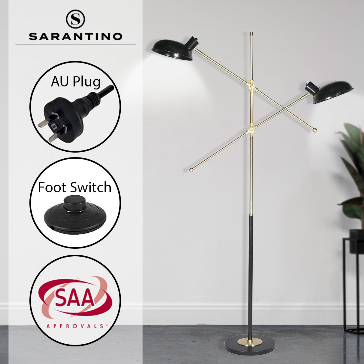 Adjustable Two-Light Industrial Floor Lamp, Black & Gold