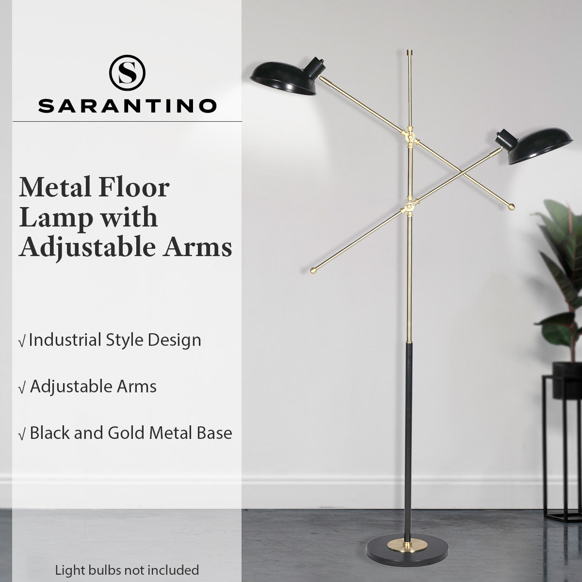 Adjustable Two-Light Industrial Floor Lamp, Black & Gold