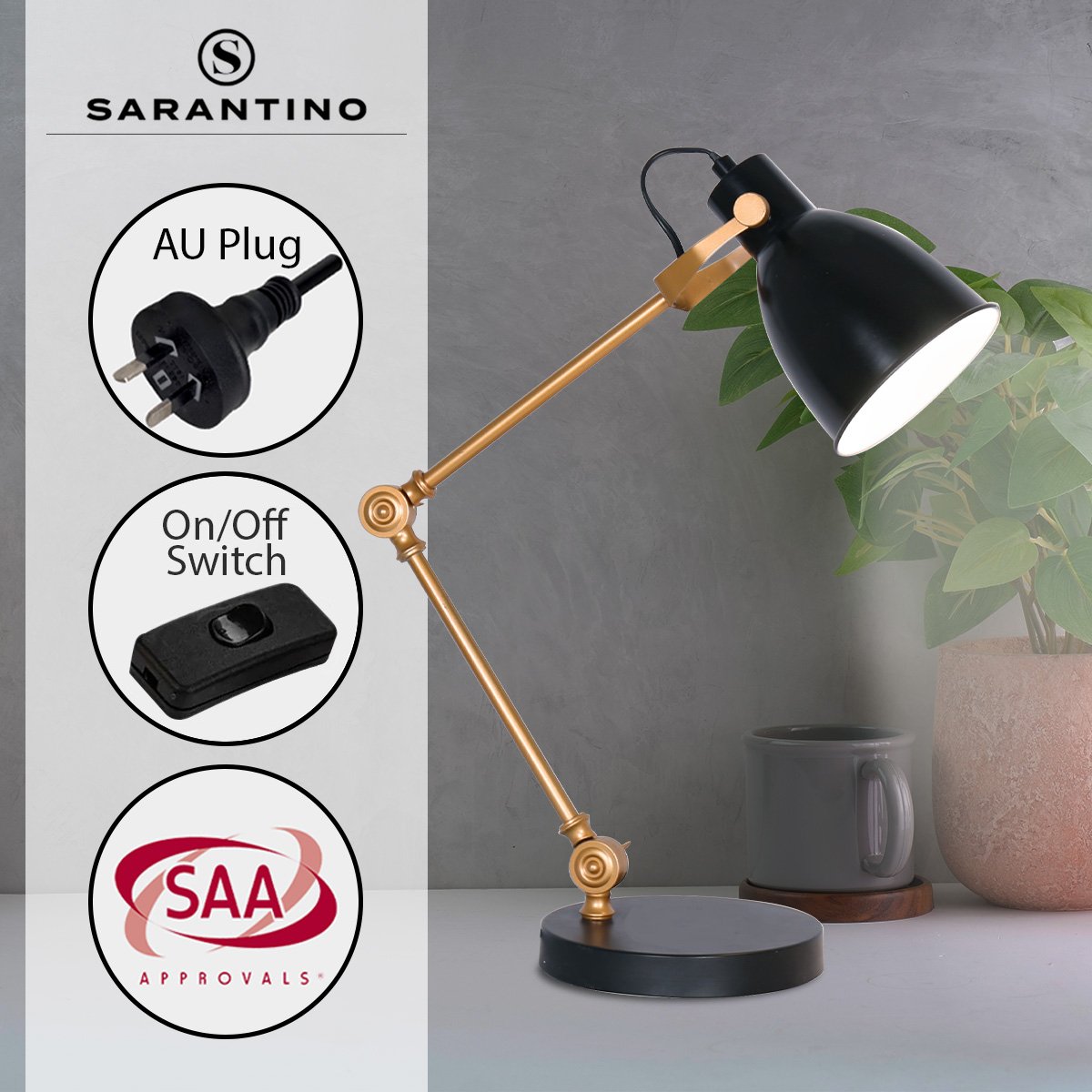 Adjustable Black and Gold Task Lamp with SAA Approval