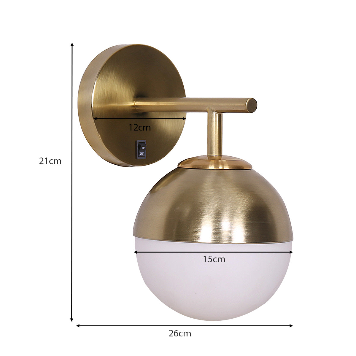 Gold Metal Base Wall Lamp, Frosted Globe Design - Sarantino