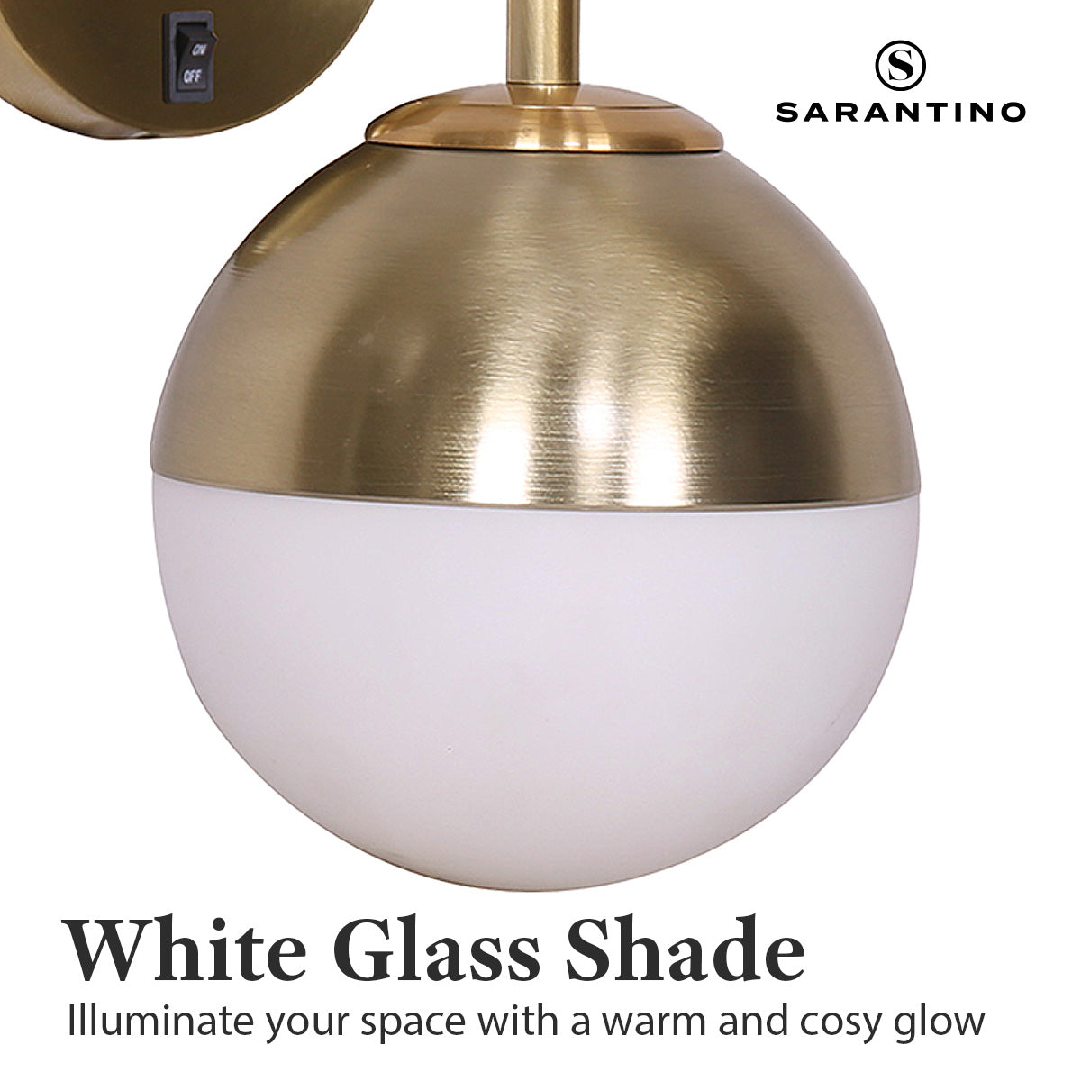 Gold Metal Base Wall Lamp, Frosted Globe Design - Sarantino