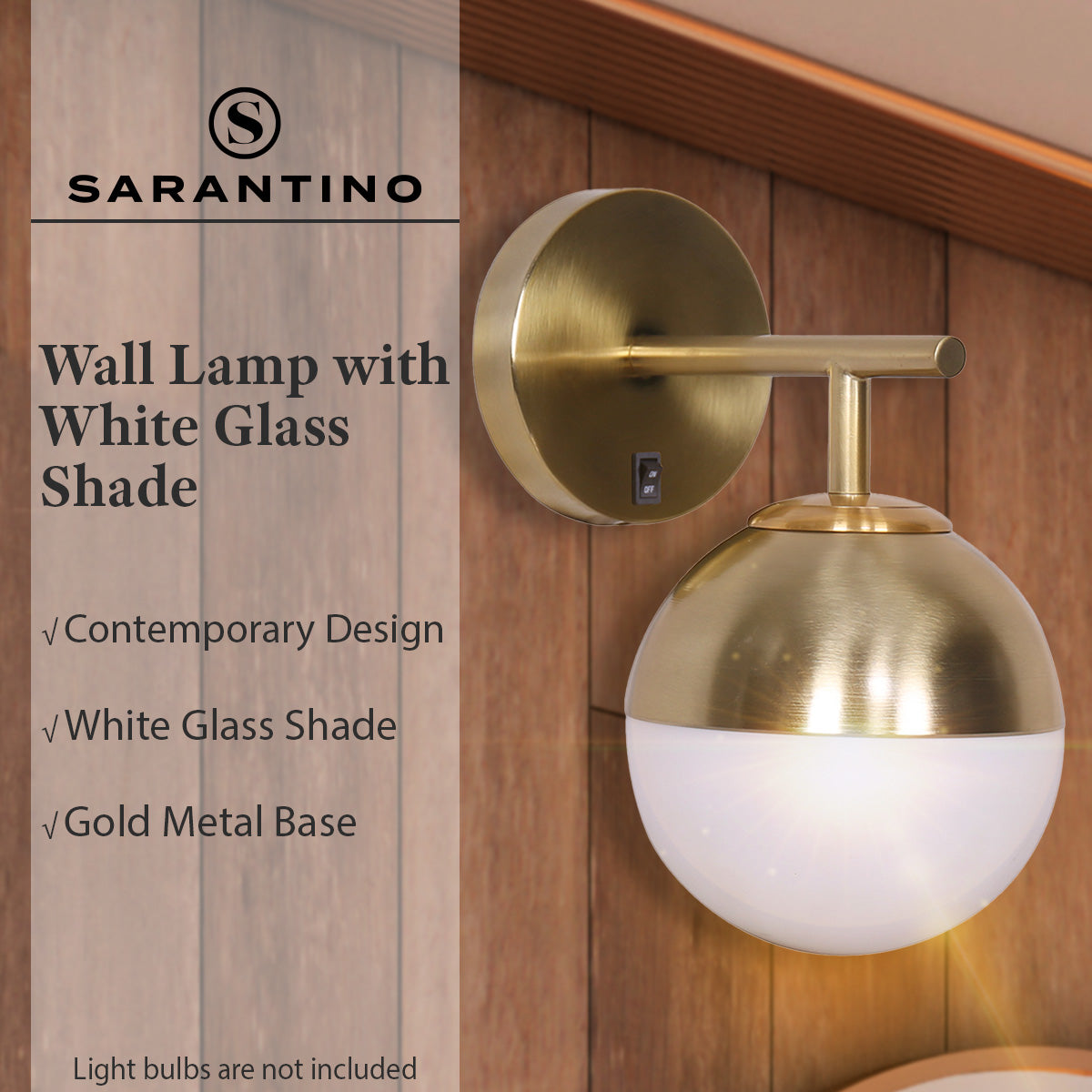 Gold Metal Base Wall Lamp, Frosted Globe Design - Sarantino