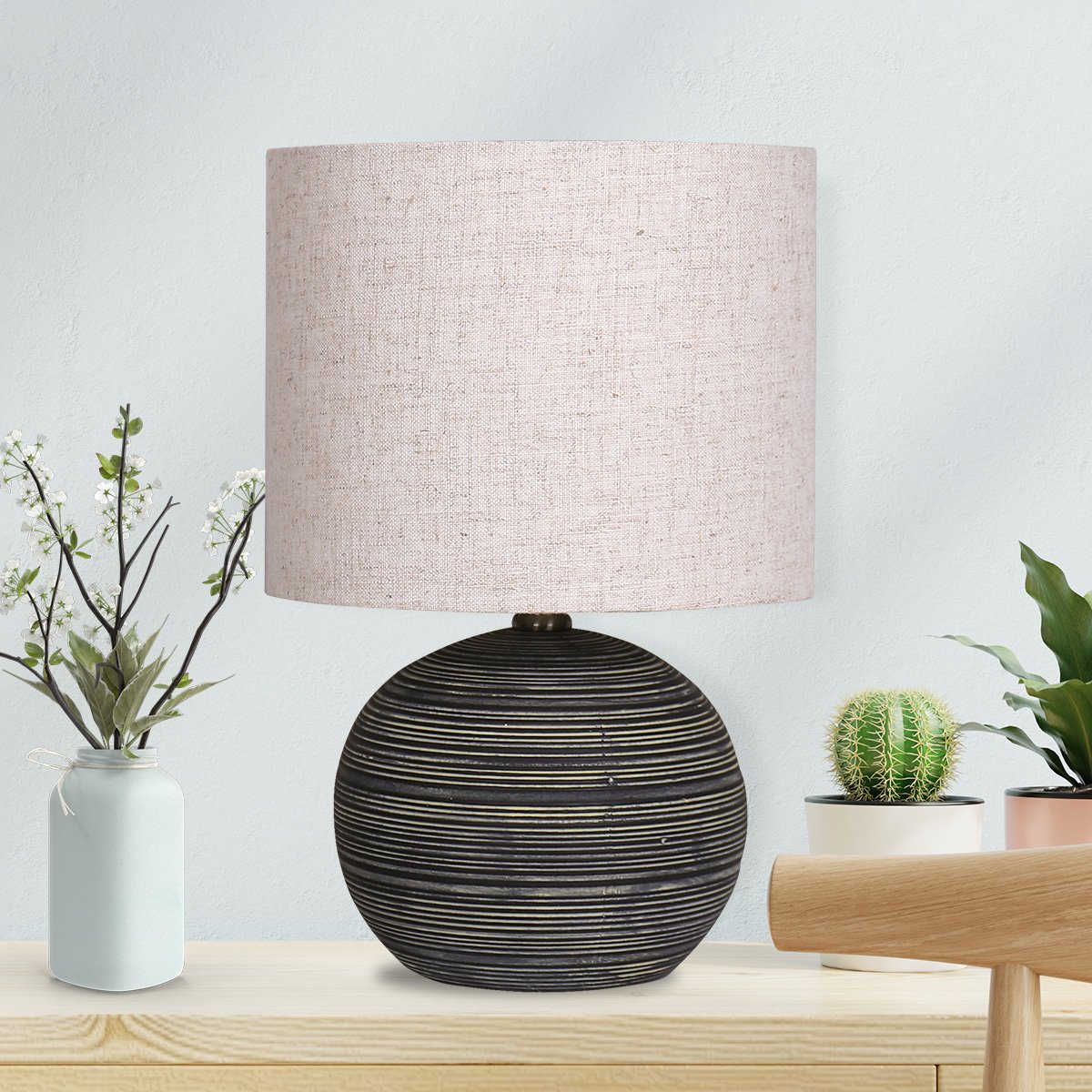 Striped Ceramic Table Lamp with Beige Shade, Antique Black