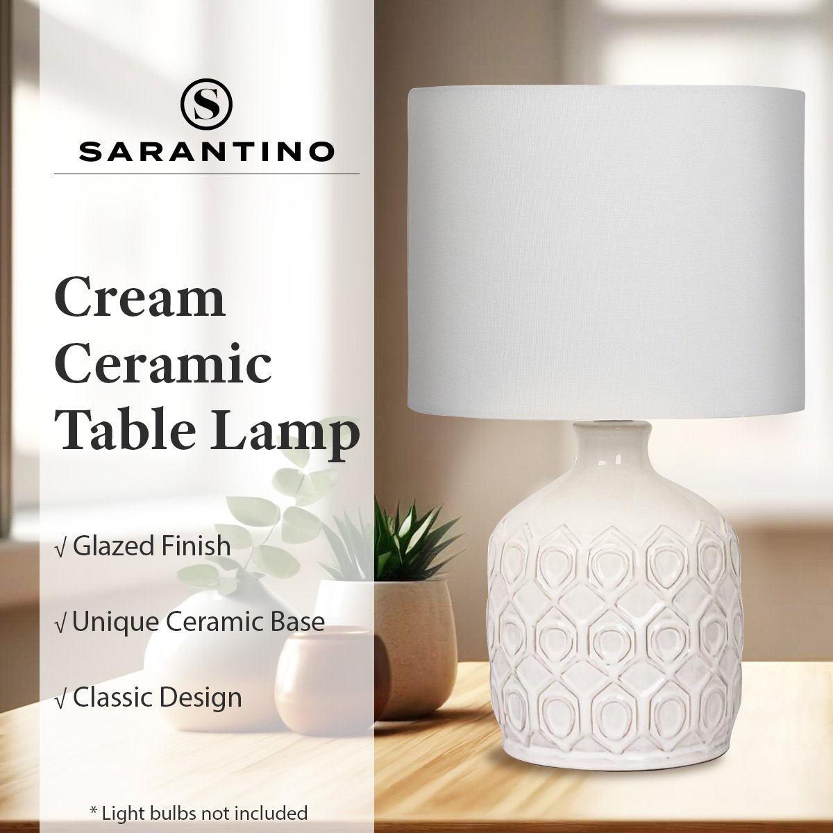 Cream Ceramic Table Lamp with Herringbone Pattern