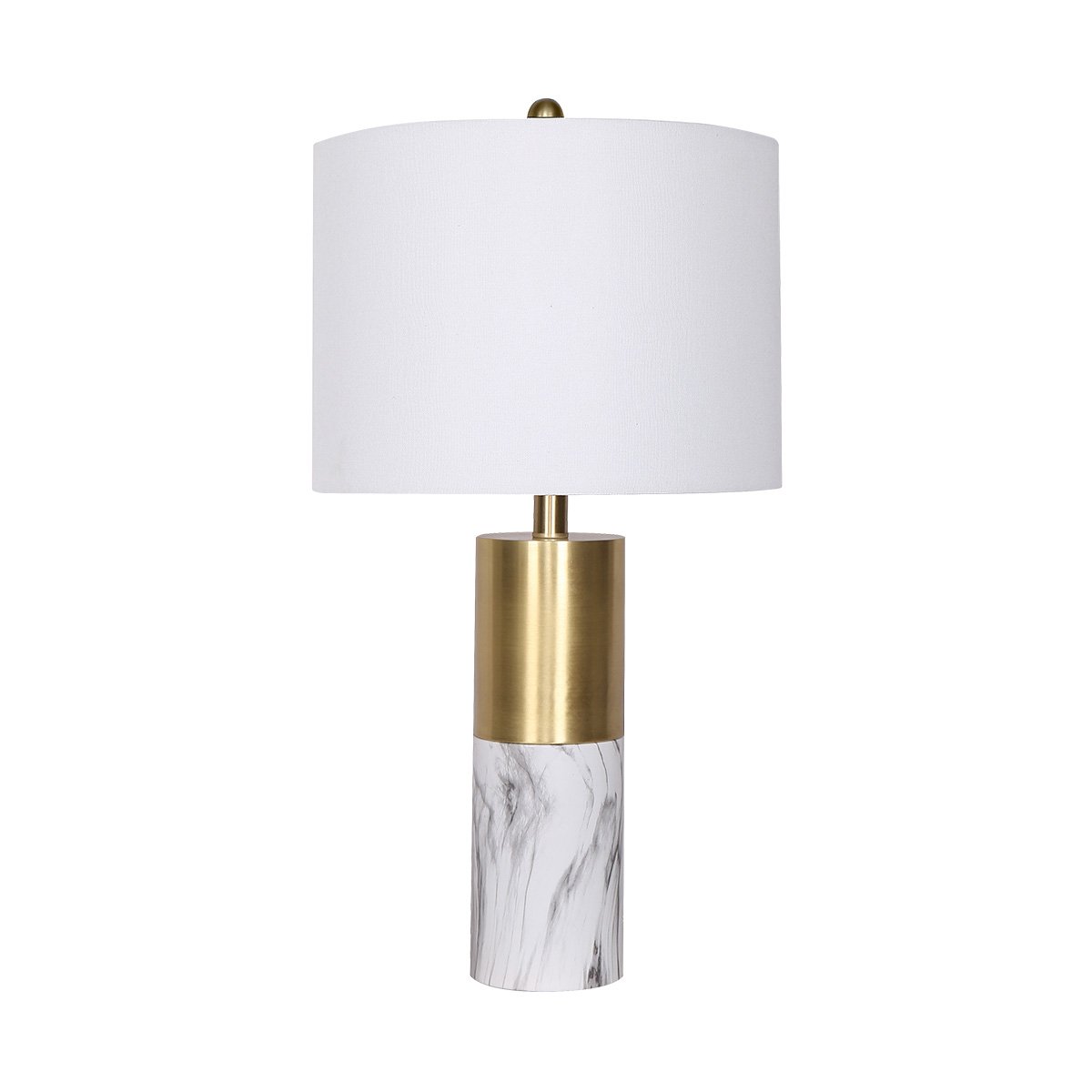 Golden Brass Metal and Marble Table Lamp with White Drum Shade