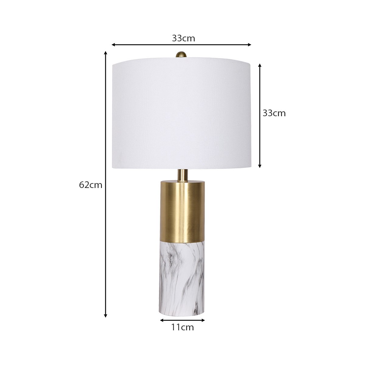 Golden Brass Metal and Marble Table Lamp with White Drum Shade