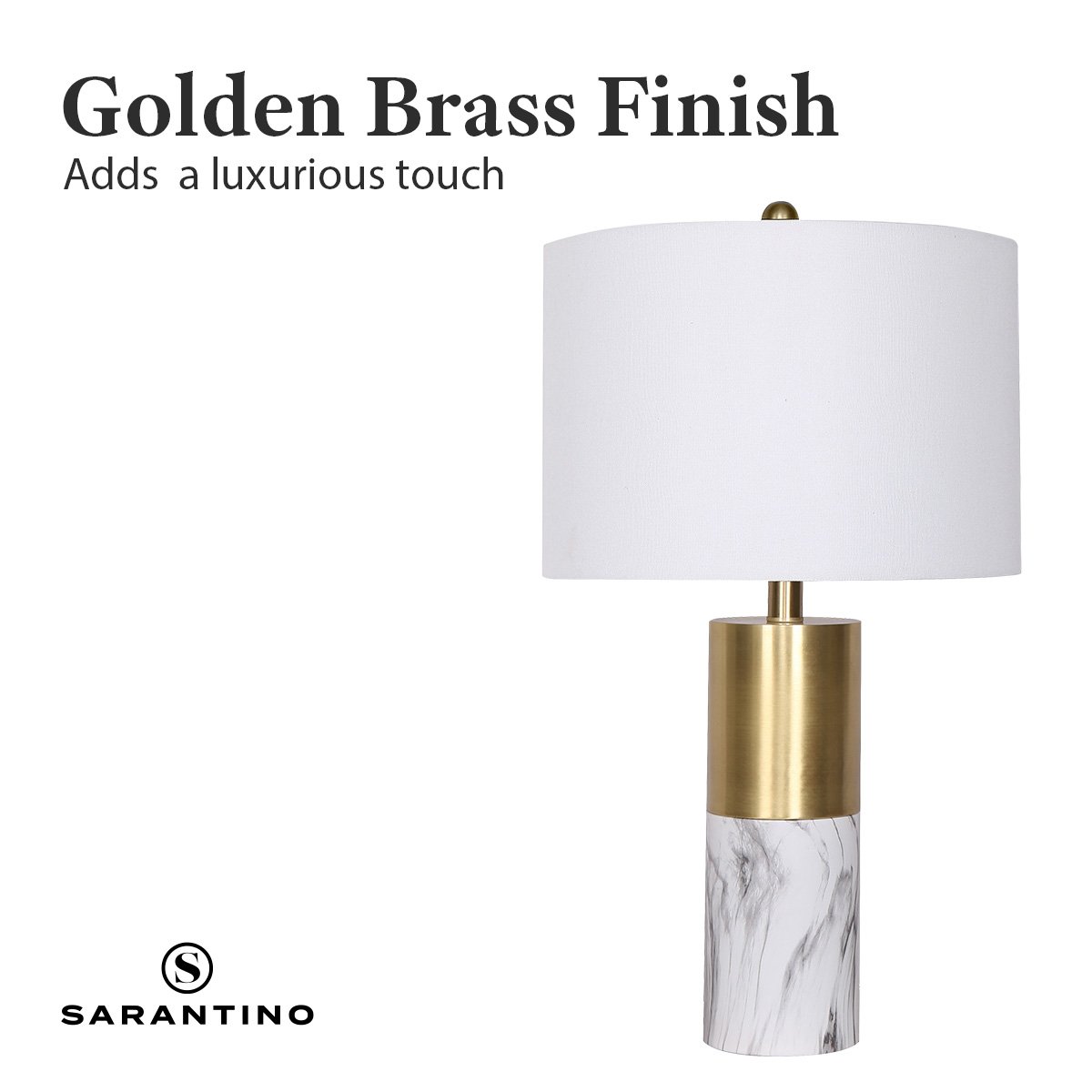 Golden Brass Metal and Marble Table Lamp with White Drum Shade