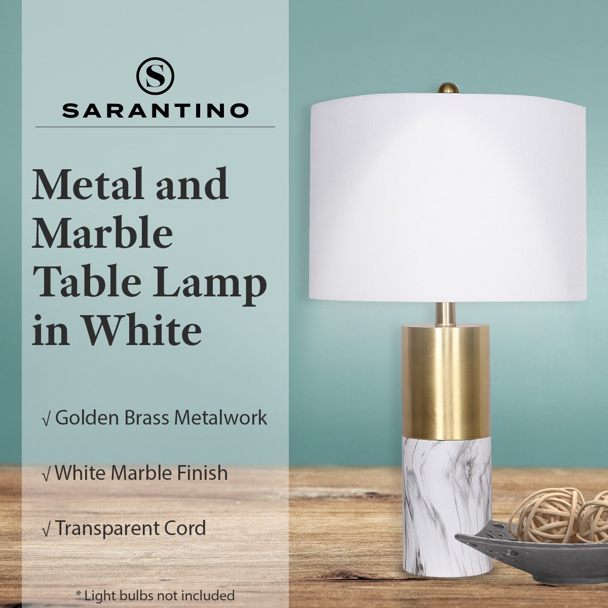 Golden Brass Metal and Marble Table Lamp with White Drum Shade