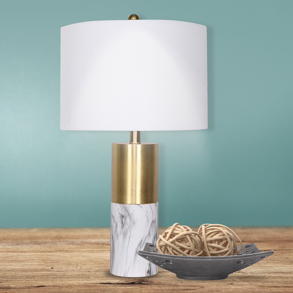 Golden Brass Metal and Marble Table Lamp with White Drum Shade