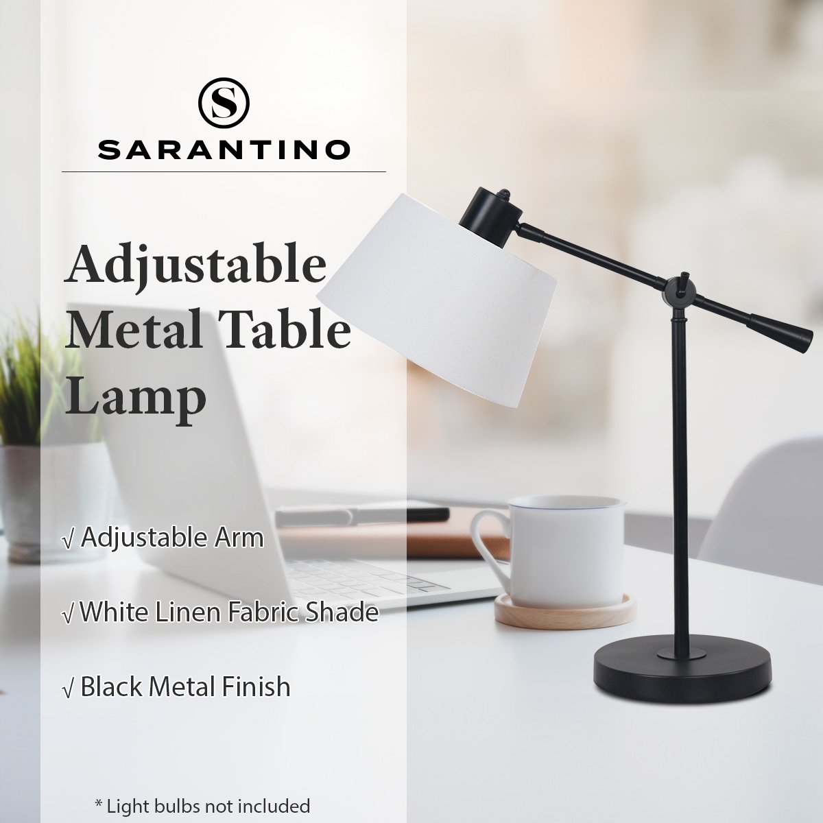 Adjustable Black Metal Table Lamp with Linen Shade