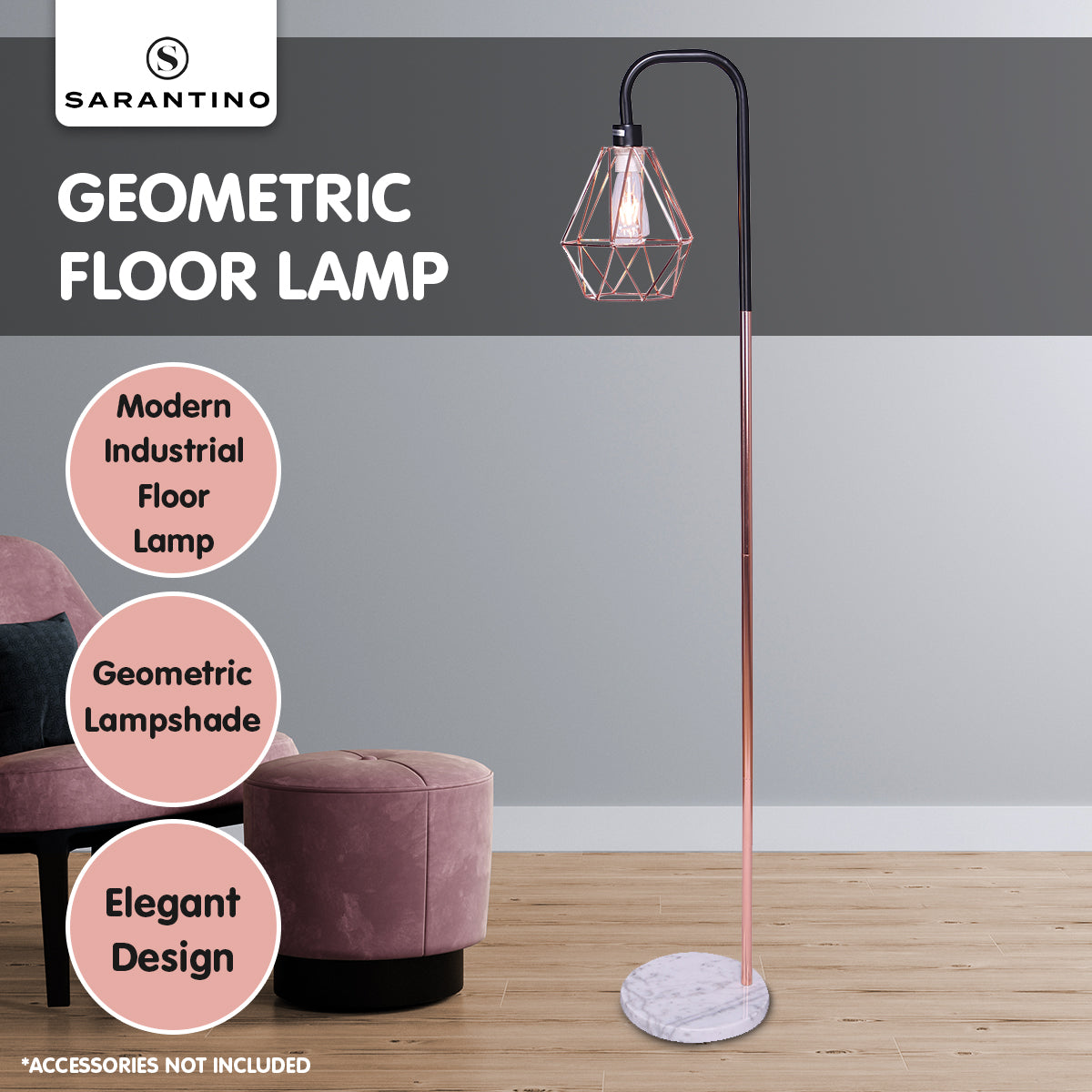 Adjustable Geometric Rose Gold Floor Lamp, Marble Base