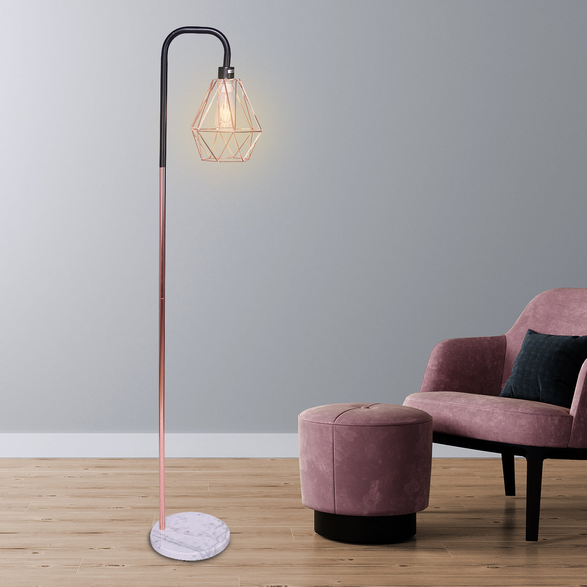 Adjustable Geometric Rose Gold Floor Lamp, Marble Base