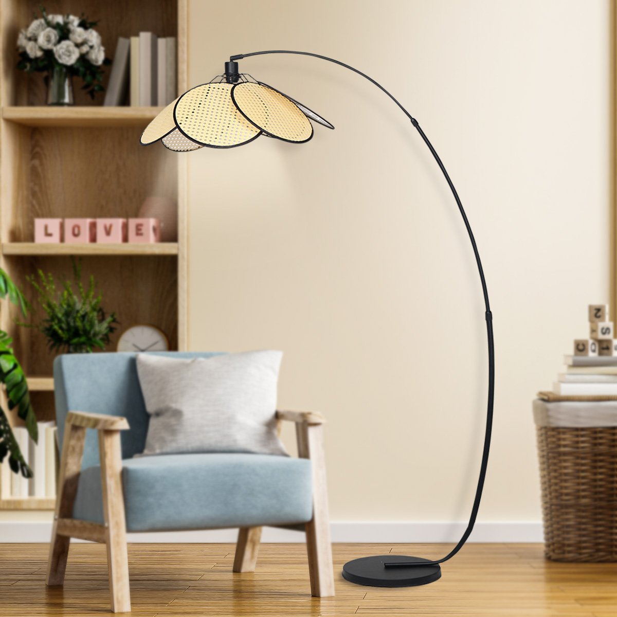 Unique Rattan Shade Arc Floor Lamp with Metal Base