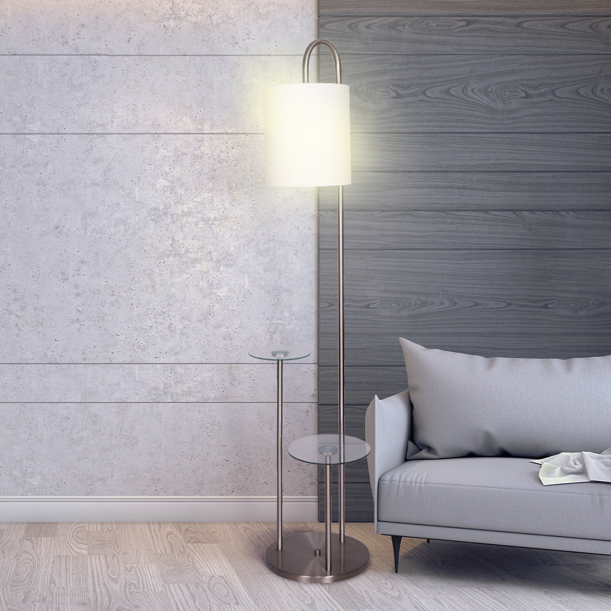 Space-Saving Brushed Steel Floor Lamp with Glass Shelves