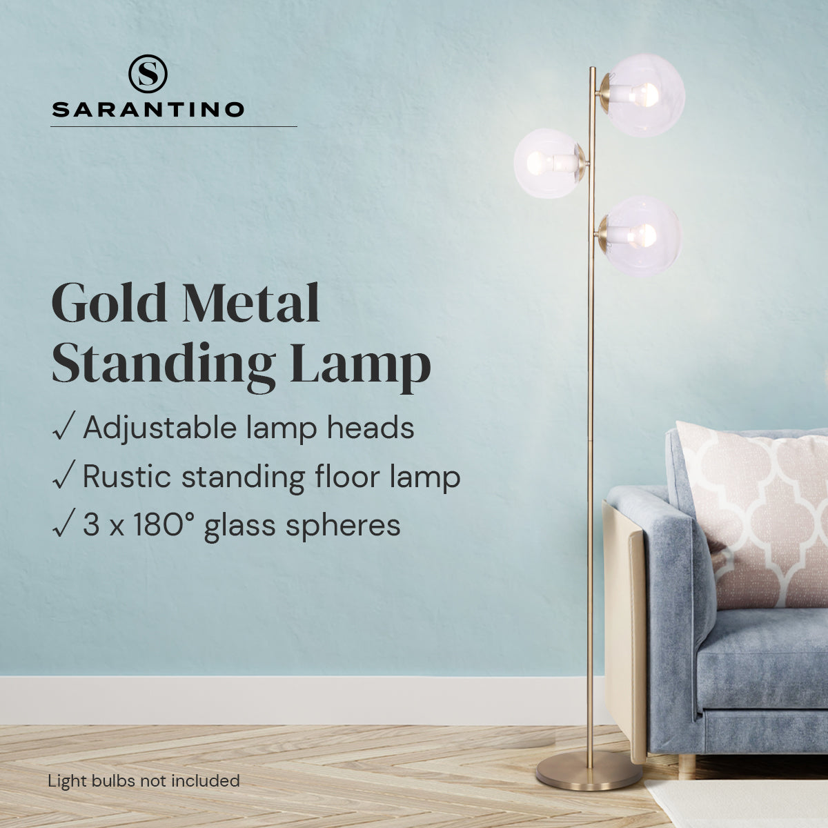 Adjustable 3-Light Gold Floor Lamp with Glass Shades