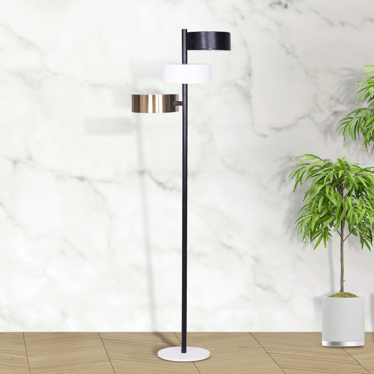 Mid-Century Modern 3-Shade Metal Floor Lamp, Black & Gold