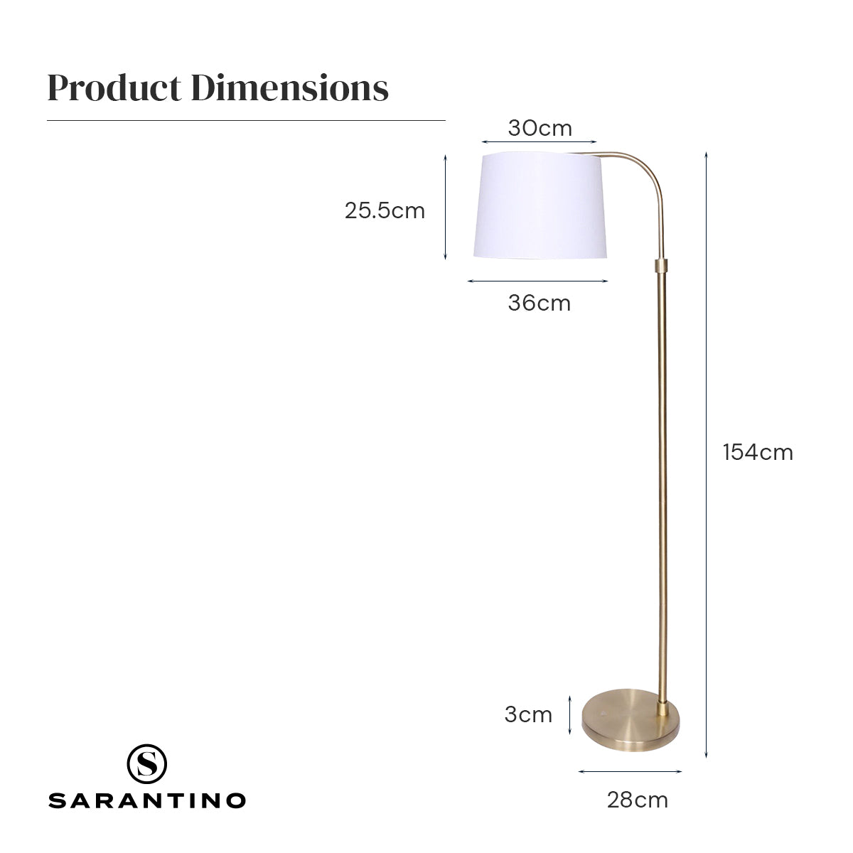 Adjustable Brass Floor Lamp, Weighted Base, Arched Pole - Sarantino