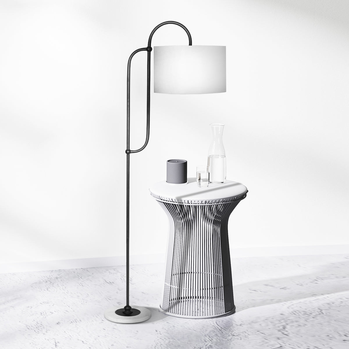 Marble Base Metal Floor Lamp w/ Cotton Shade, 160.5cm