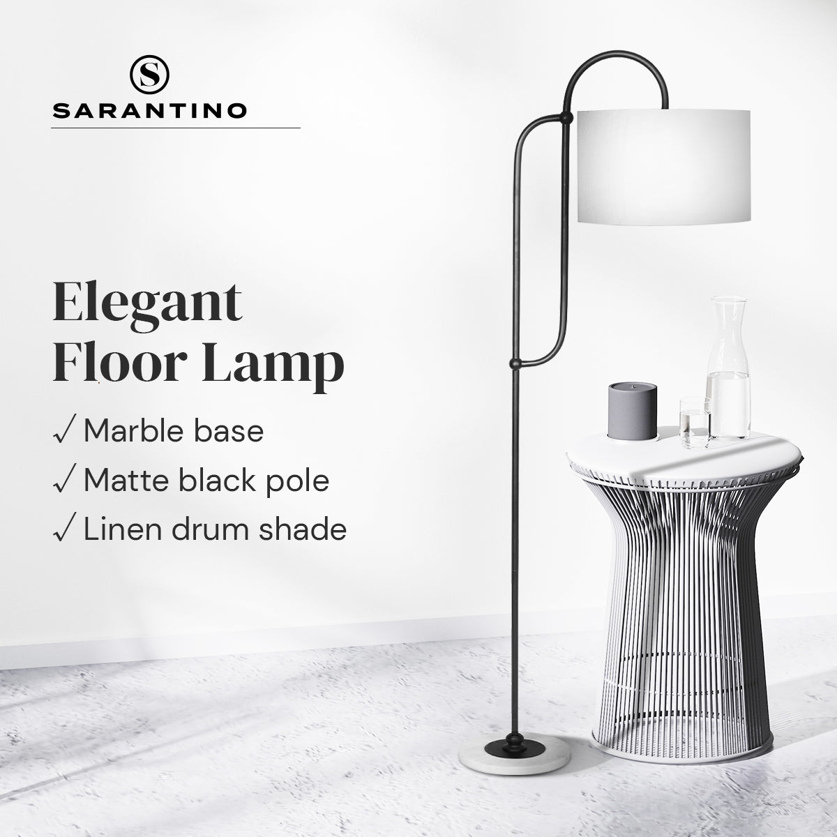 Marble Base Metal Floor Lamp w/ Cotton Shade, 160.5cm