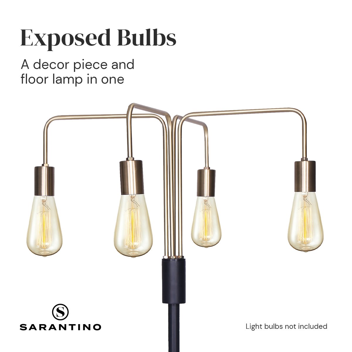 160cm 4-Light Industrial Floor Lamp, Exposed Bulbs, Brass/Black