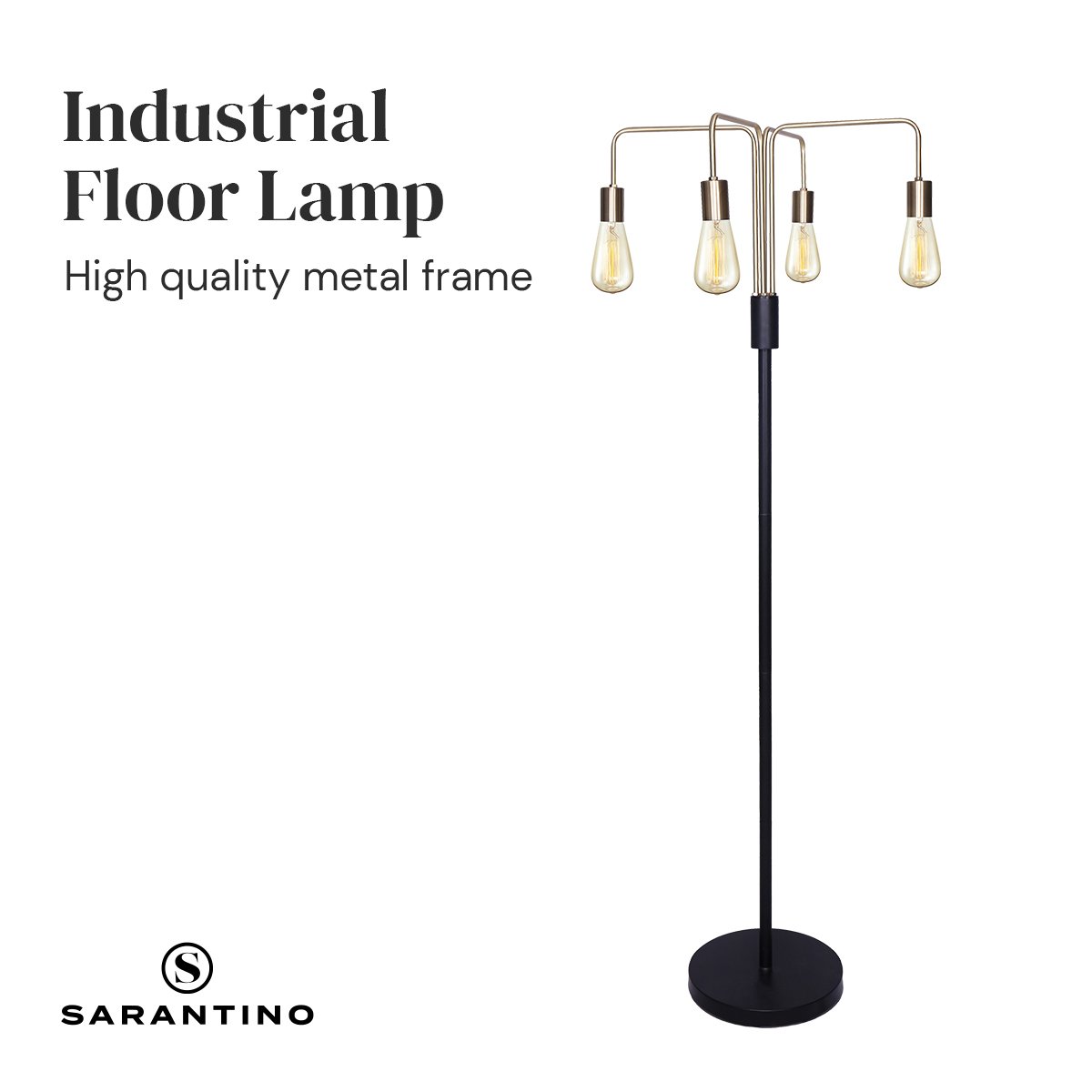 160cm 4-Light Industrial Floor Lamp, Exposed Bulbs, Brass/Black