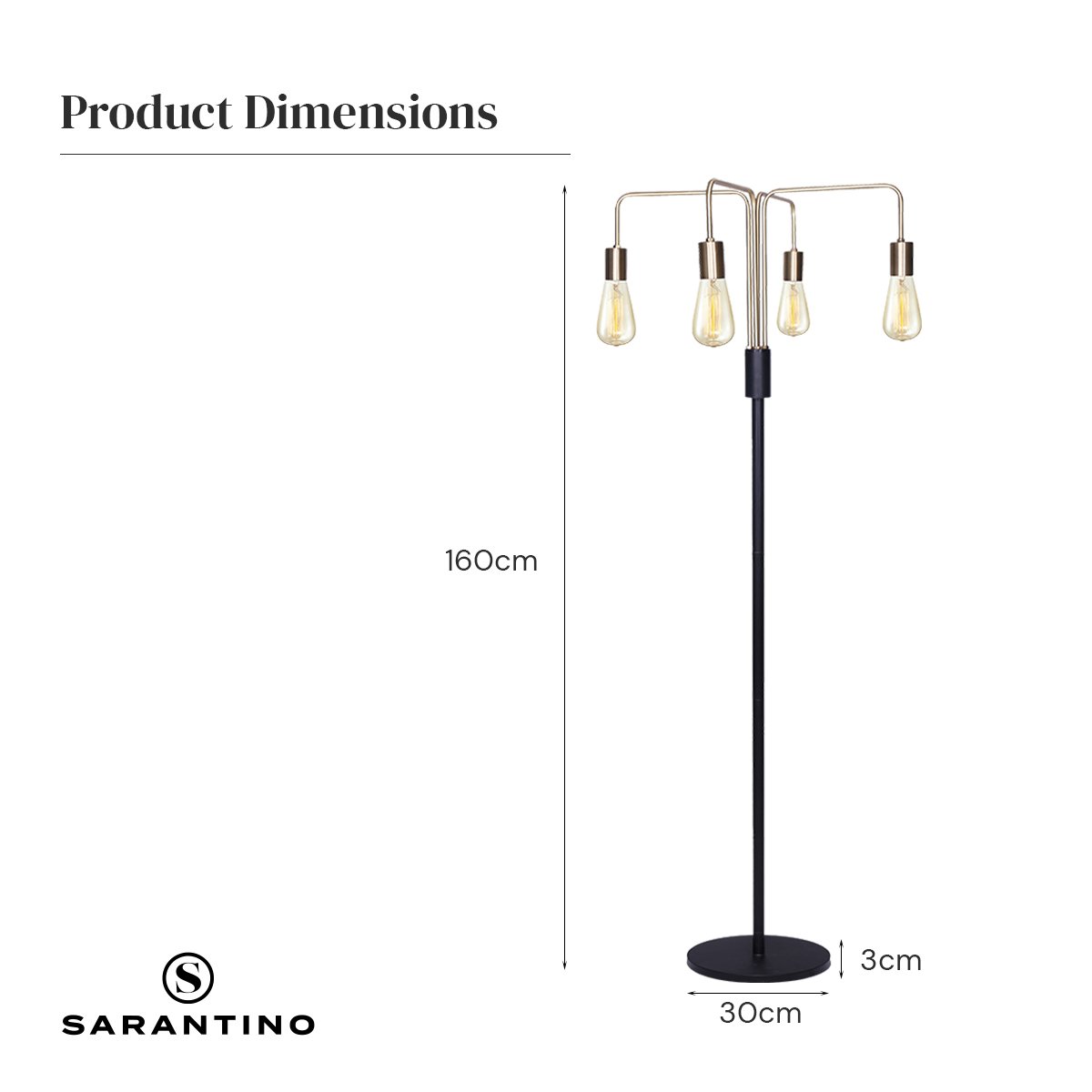 160cm 4-Light Industrial Floor Lamp, Exposed Bulbs, Brass/Black