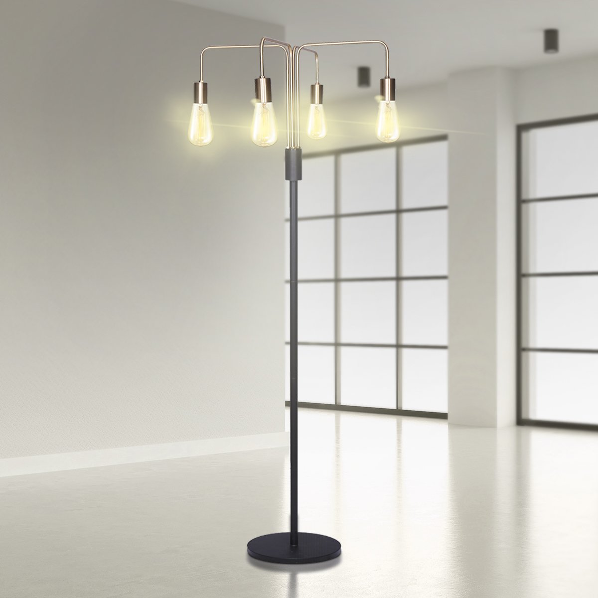 160cm 4-Light Industrial Floor Lamp, Exposed Bulbs, Brass/Black